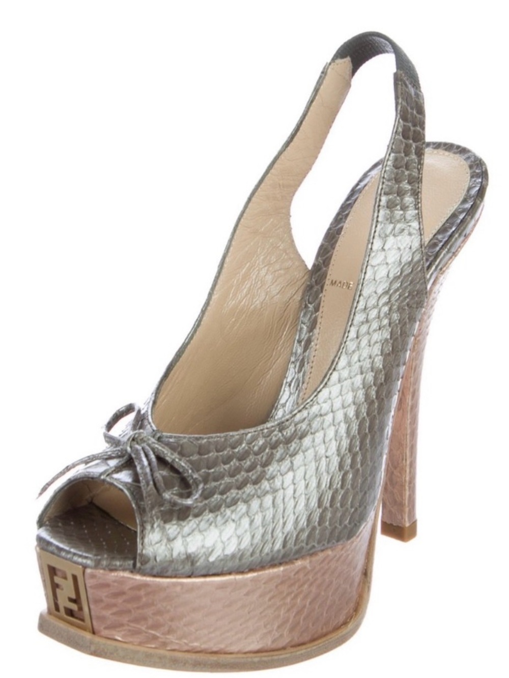 Fendi Silver Metallic Snake-Embossed Peep-Toe Platform Slingback